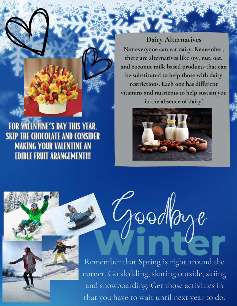 newsletter with blue background, hearts, snowflakes and says "goodbye winter"