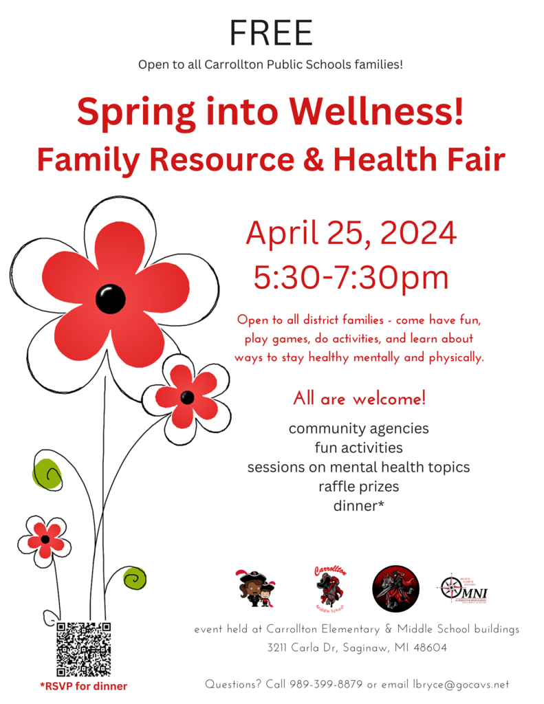 Graphic that says "Spring Into Wellness Family Resource & Health Fair April 25, 2024, 5:30 - 7:30pm. All are welcome! Free!"