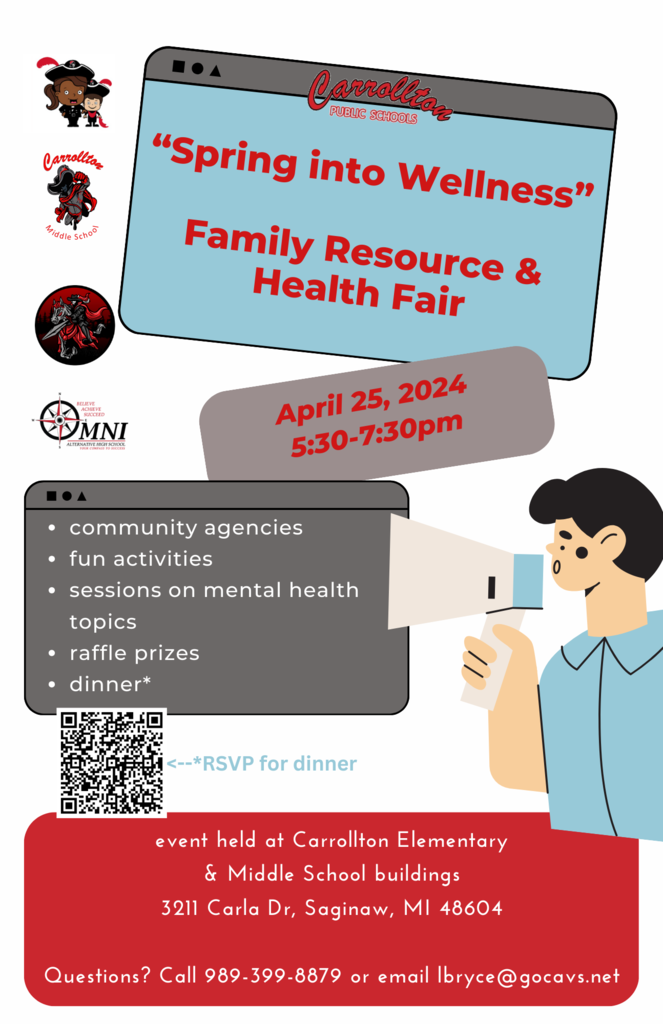 Graphic that says "Spring Into Wellness Family Resource & Health Fair April 25, 2024, 5:30 - 7:30pm. All are welcome! Free!"