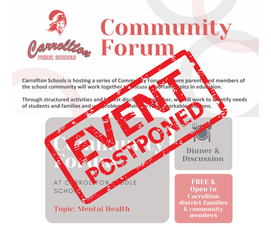 forum flyer with “event postponed” stamped over it