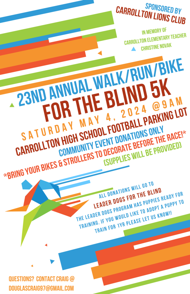  graphic that says "23rd annual walk/run/bike for the blind 5k"