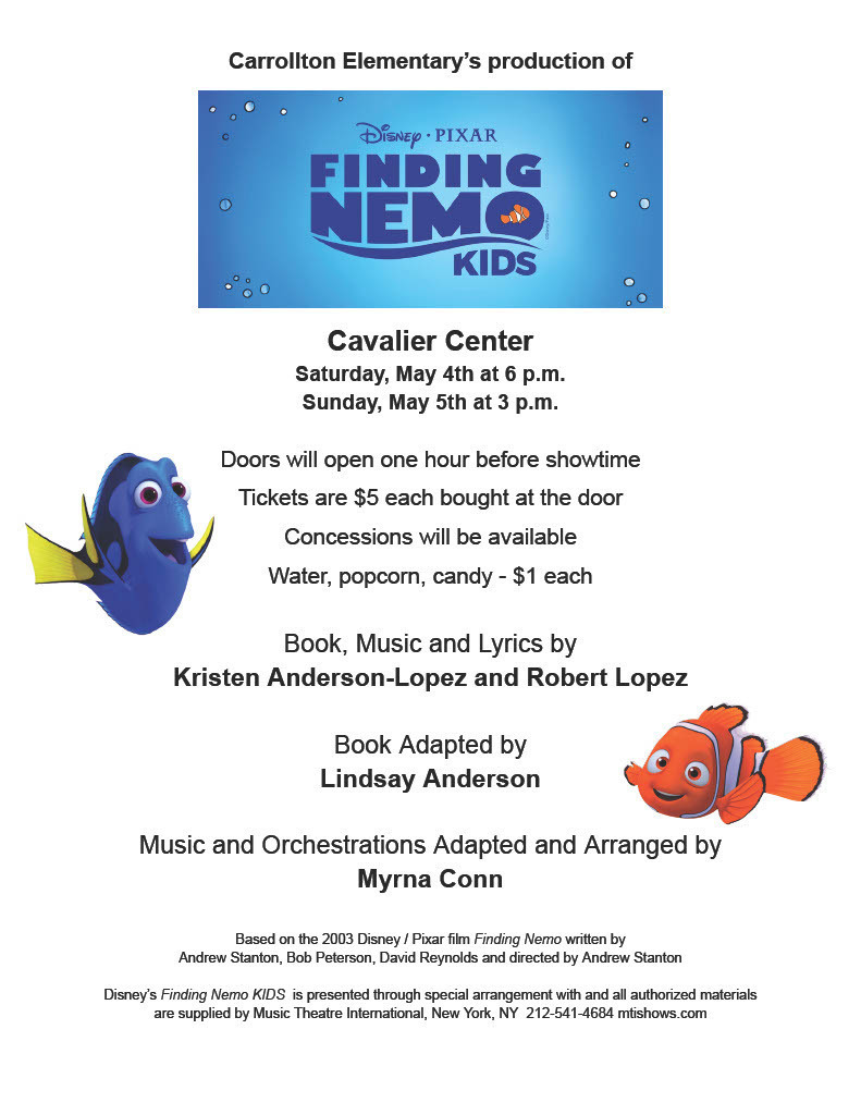 flyer sharing info for CES Finding Nemo play May 4th & 5th