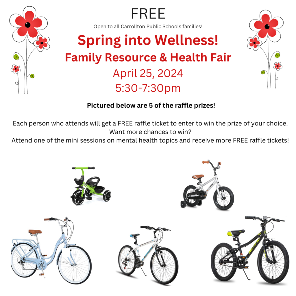 graphic with 5 bicycles that says "Spring Into Wellness! Family Resource & Health Fair"