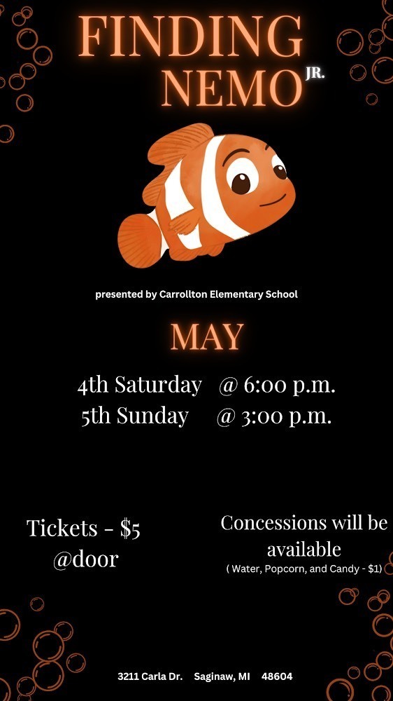 flyer sharing info for CES Finding Nemo play May 4th & 5th