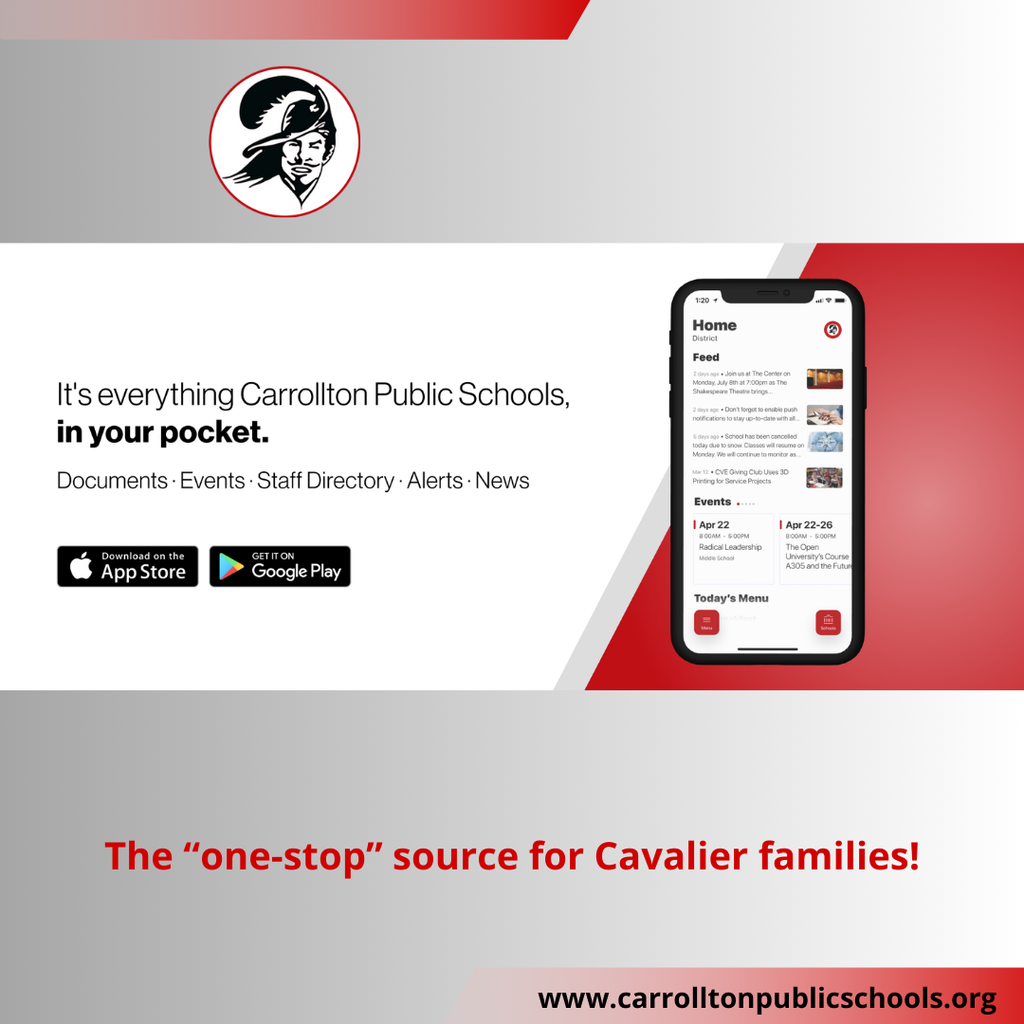 red and grey graphic with an image of a phone that says “It’s everything Carrollton Public Schools, in your pocket. Documents Events Staff Directory Alerts News The ‘one-stop’ source for Cavalier families!”