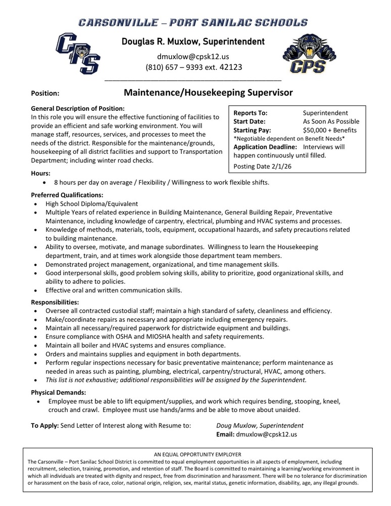 Maintenance / Housekeeping Supervisor Posting