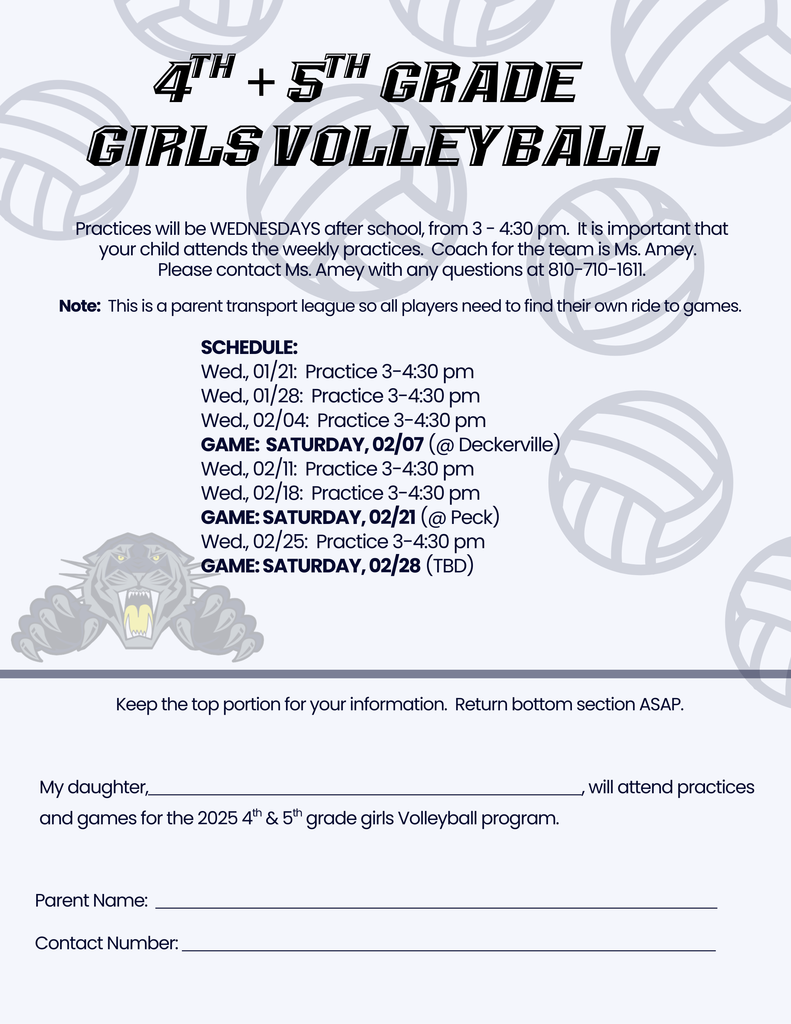 Flyer for Volleyball with dates and a permission line.