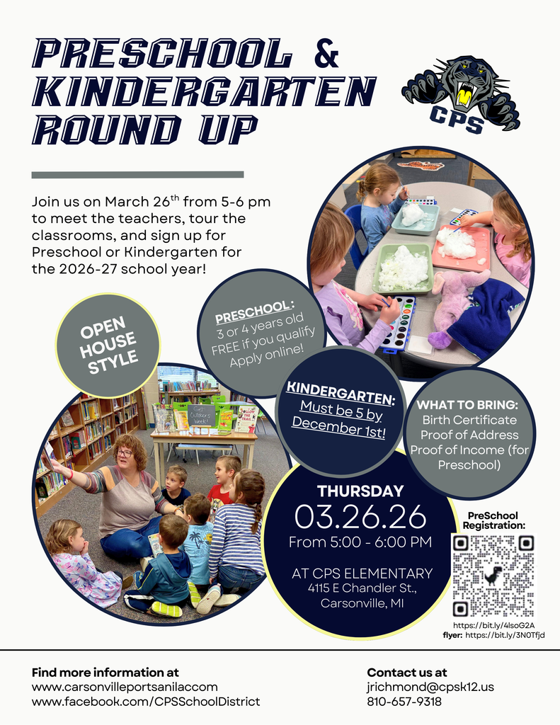 Kindergarten and PreSchool Round Up. 5-6 pm on March 26th.