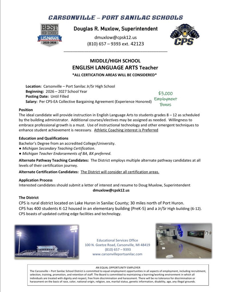 Middle School / High School English Language Arts Teacher Needed!