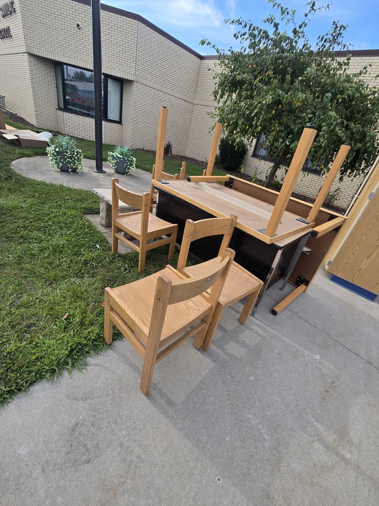 Wooden Tables, Chairs, a Desk