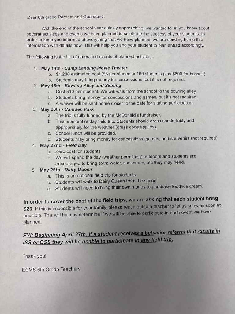 6th Grade End of the Year Information