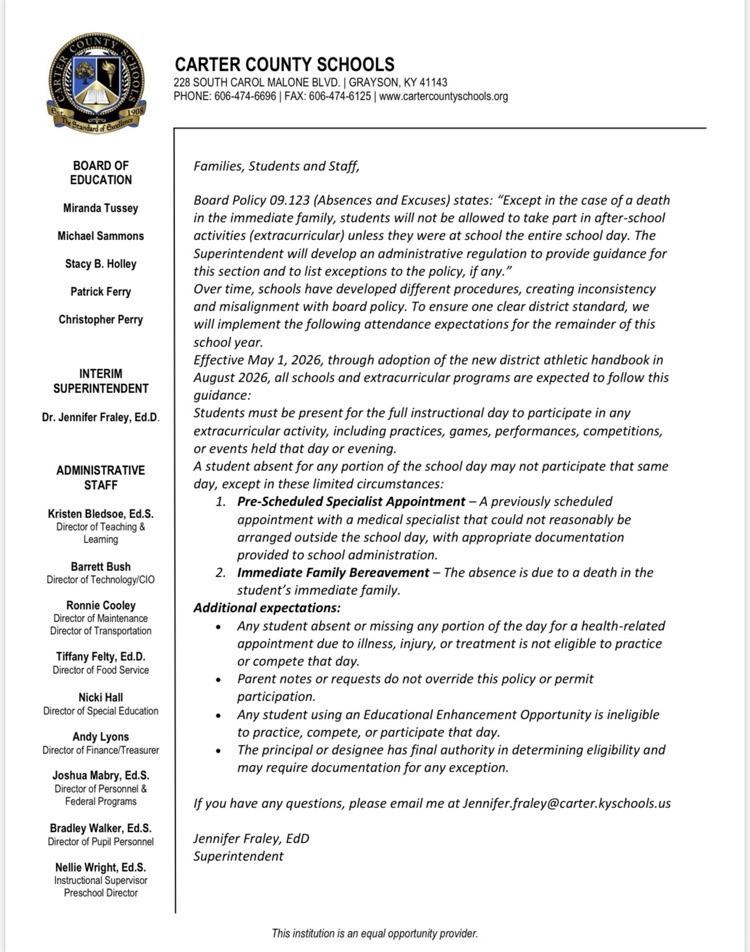 letter regarding absences