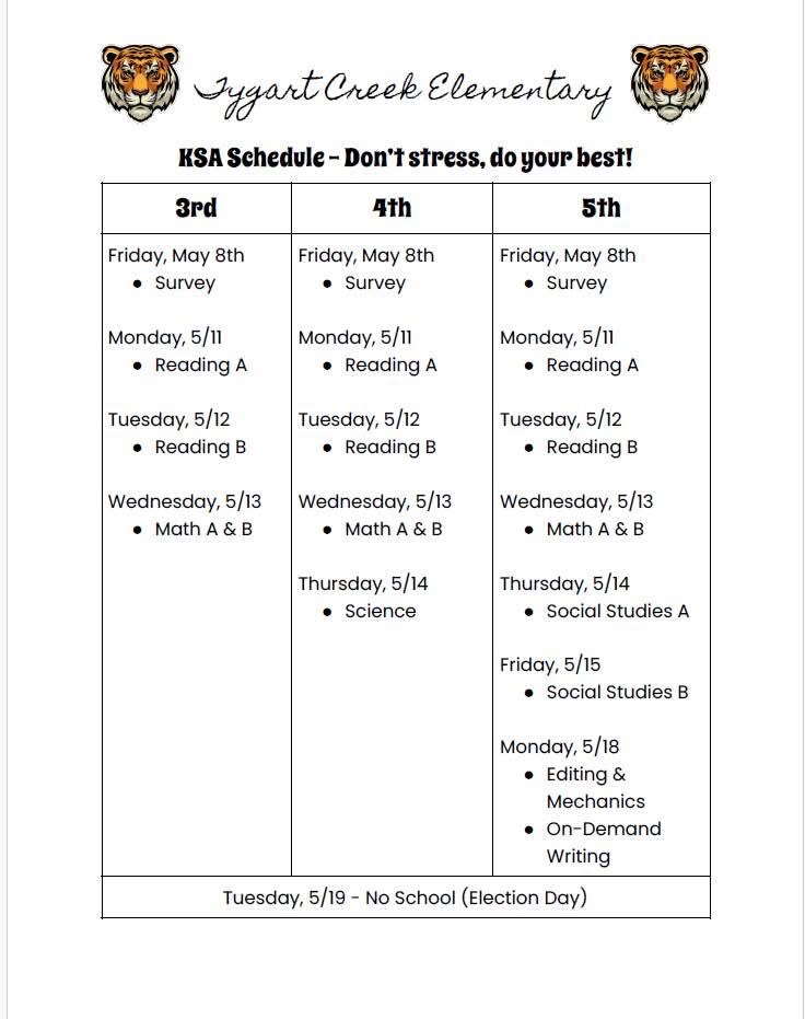 KSA Testing Schedule 
