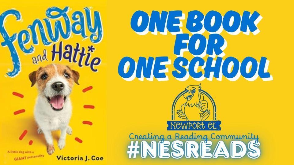 fenway and hattie one book for one school logo featuring yellow background, blue letters, and a jack russell terrier