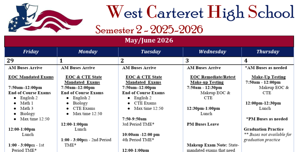 A table outlining the scheduling for the 25-26 Spring EOC Tests