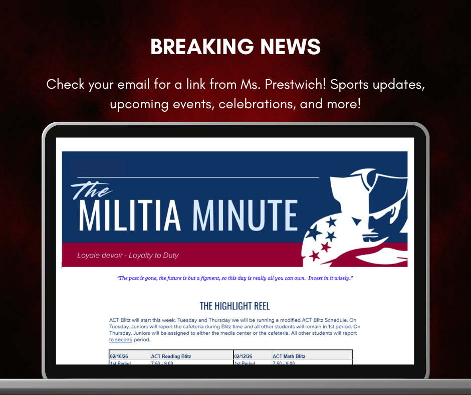 Mock up of a laptop showing the Militia Minute newsletter over a dramatic red background. Features text that reads, "Click the link to read our new student-facing newsletter, sent out via email every Monday!"