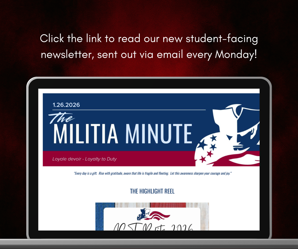 Mock up of a laptop showing the Militia Minute newsletter over a dramatic red background. Features text that reads, "Click the link to read our new student-facing newsletter, sent out via email every Monday!"