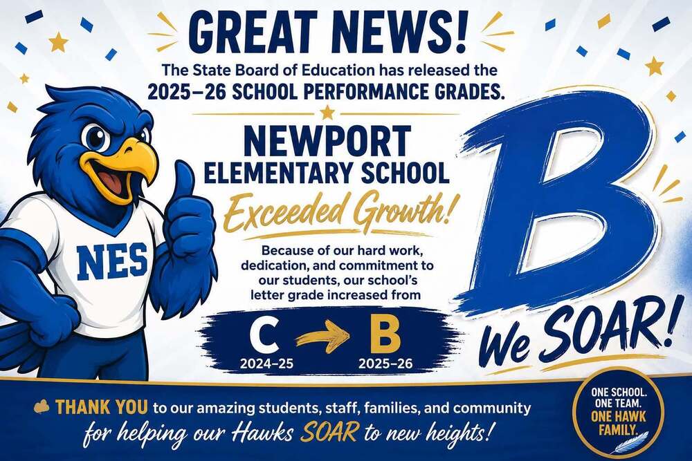 NES hawk mascot with words that say "Great News! The state board of education has released the 2025-26 school performance grades. Newport Elementary School exceeded growth! Because of our hard work, dedication, and commitment to our students, our school's letter grade increased from C to B. Thank you to our amazing students, staff, families, and community for helping our Hawks SOAR to new heights! One school. One Team. One Hawk Family."