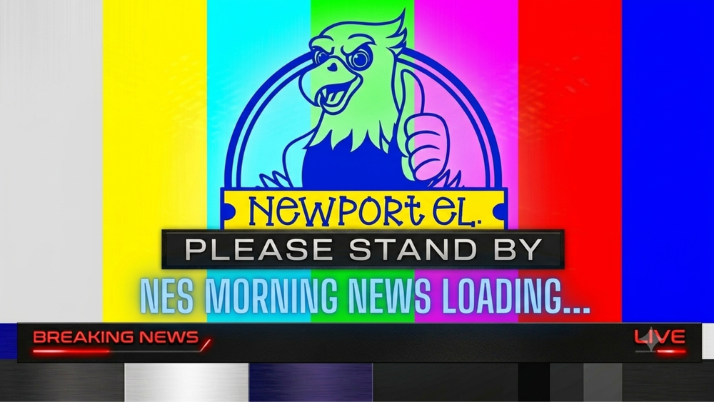 loading screen for NES Morning News with colorful striped background and blue NES Hawk logo