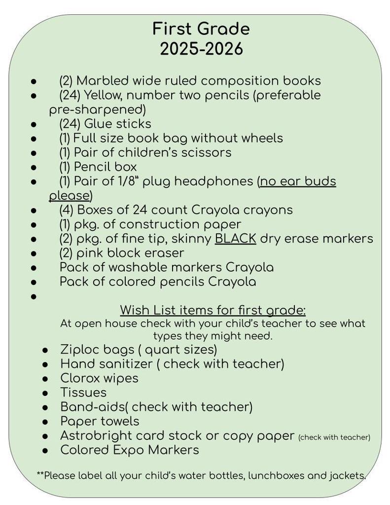 First Grade Supply List