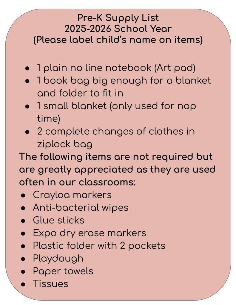 Pre-K Supply List