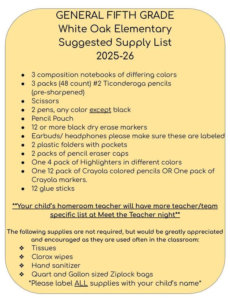 Fifth Grade Supply List