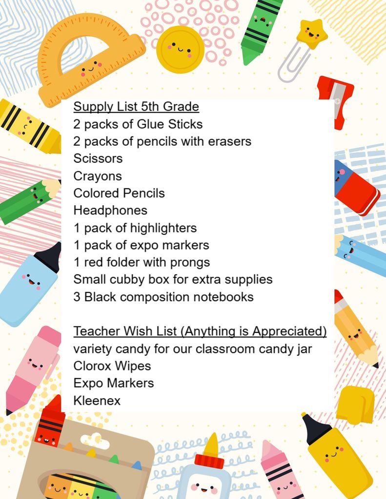 5th grade supply list AES
