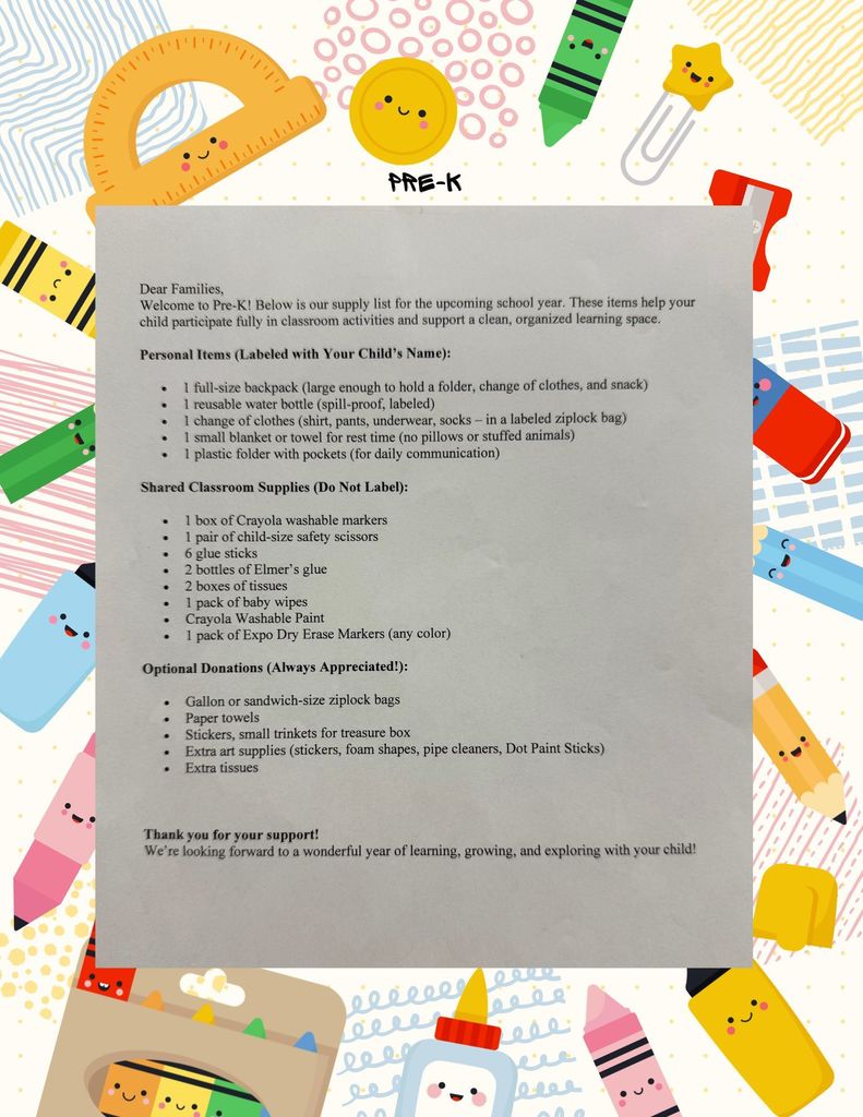 Pre-K supply list AES