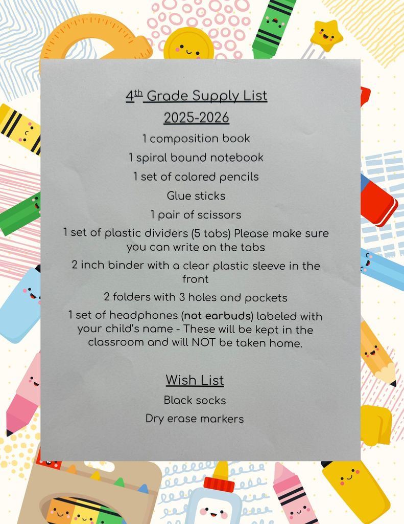 4th grade supply list AES