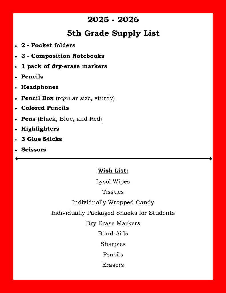 5th Grade Supply List