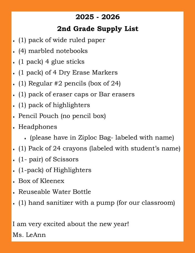 2nd Grade Supply List