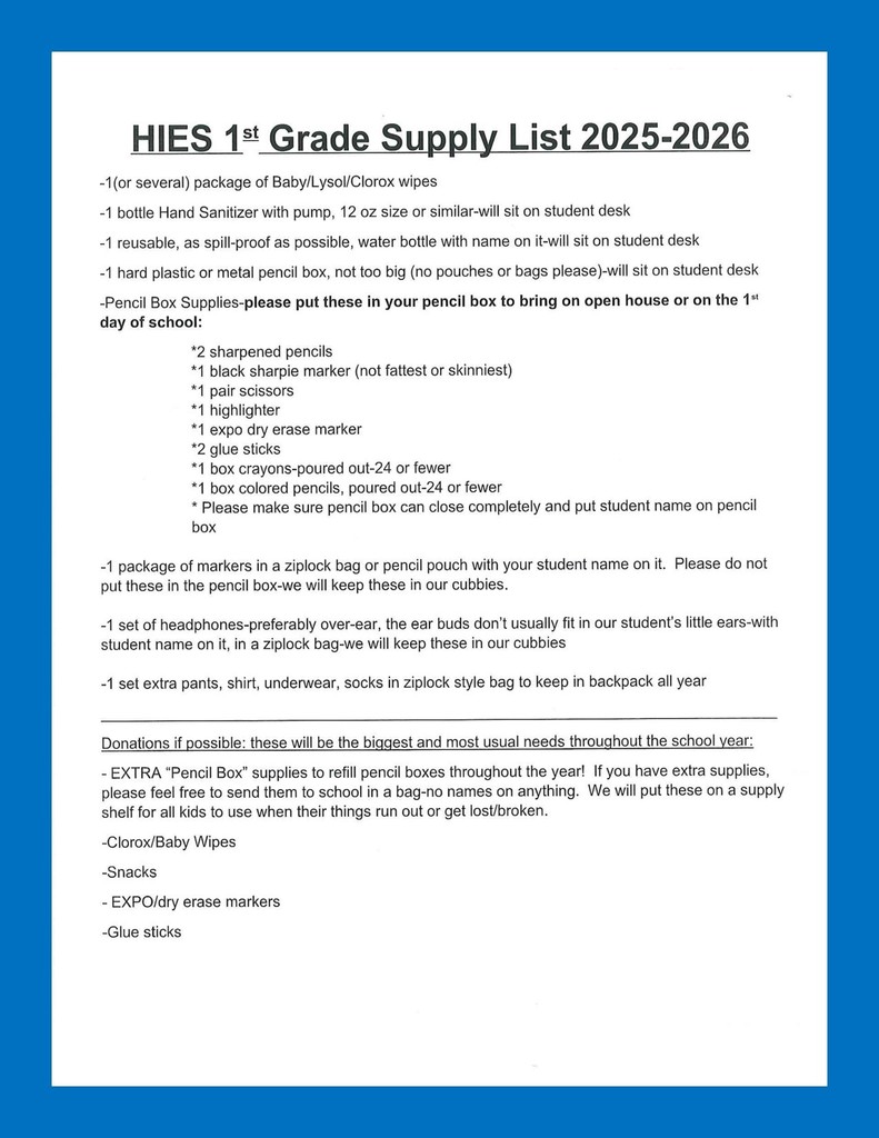 1st Grade Supply List
