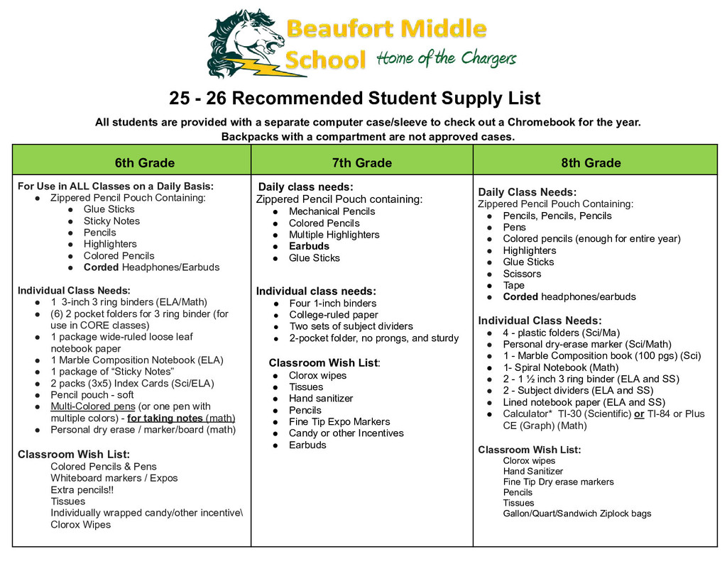 2025/2026 School Supply List