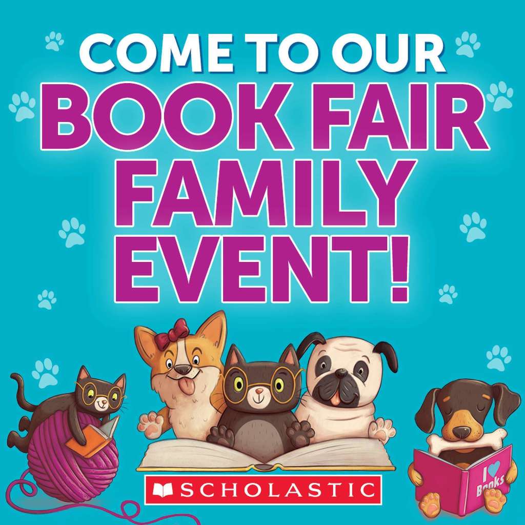 teal background with dogs and cats on it that says "Come to our book fair family event"
