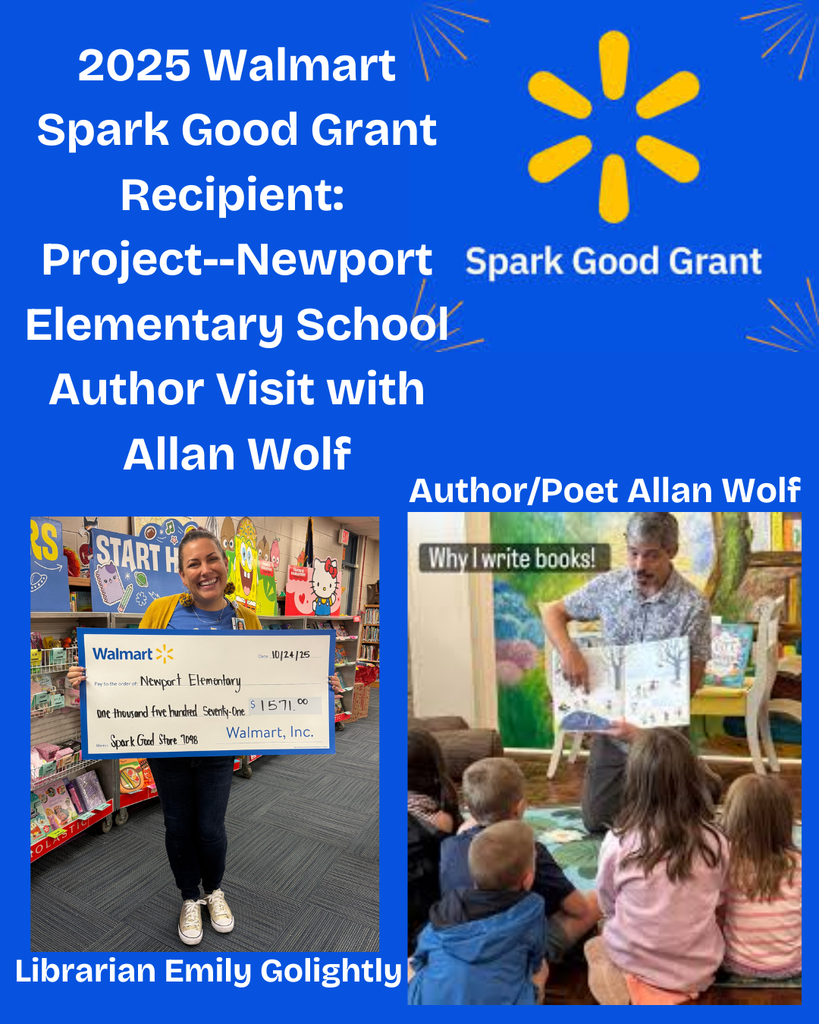 blue background with photo of librarian holding large grant check and author reading to children