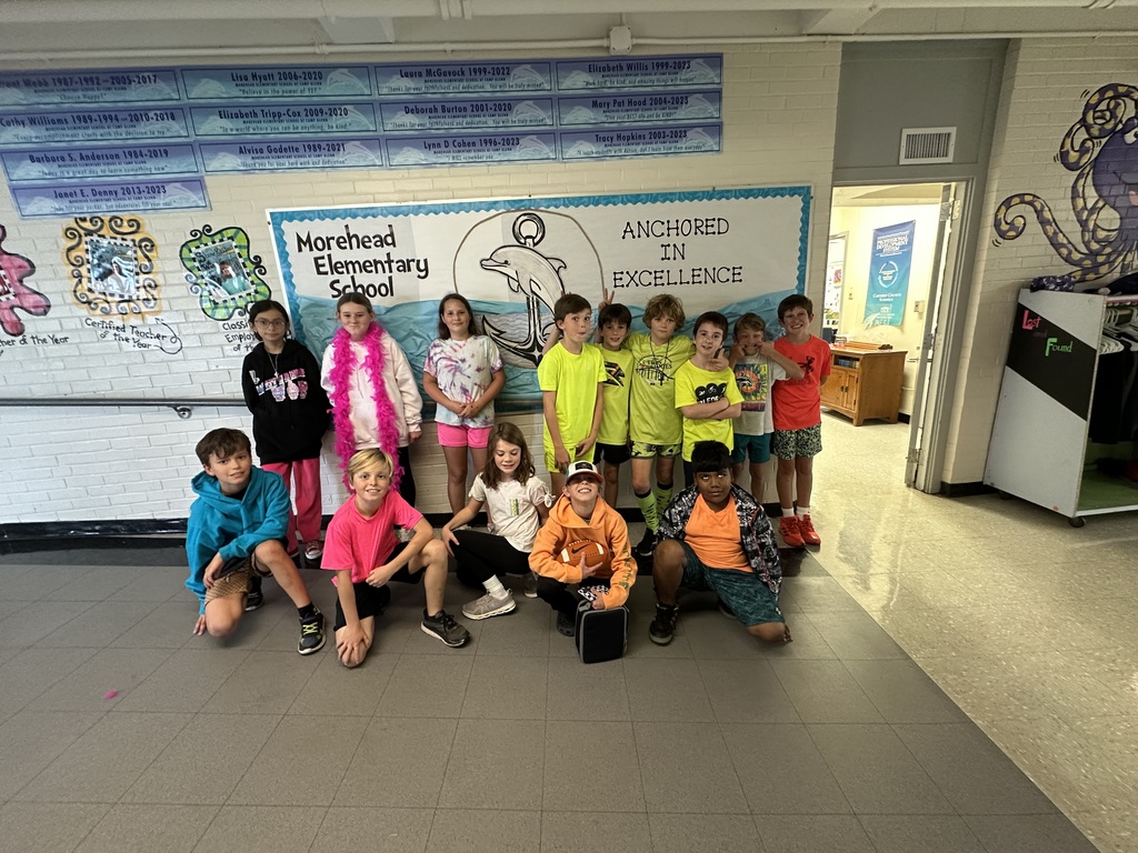 Pictures of MCES students and staff wearing neon clothing for Red Ribbon Week's Spirit Day