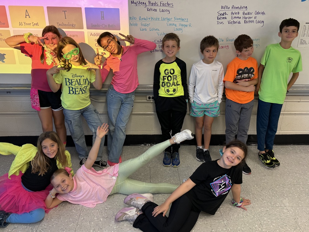 Pictures of MCES students and staff wearing neon clothing for Red Ribbon Week's Spirit Day
