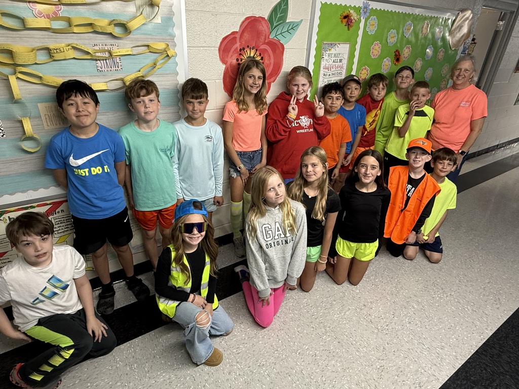 Pictures of MCES students and staff wearing neon clothing for Red Ribbon Week's Spirit Day