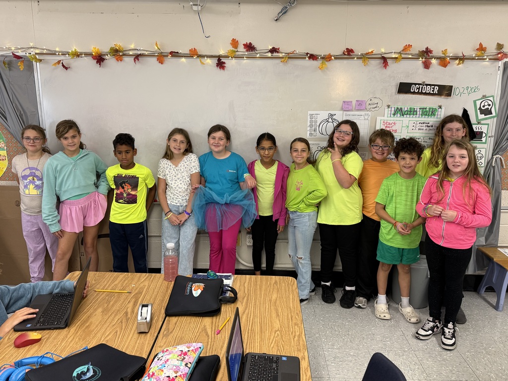 Pictures of MCES students and staff wearing neon clothing for Red Ribbon Week's Spirit Day