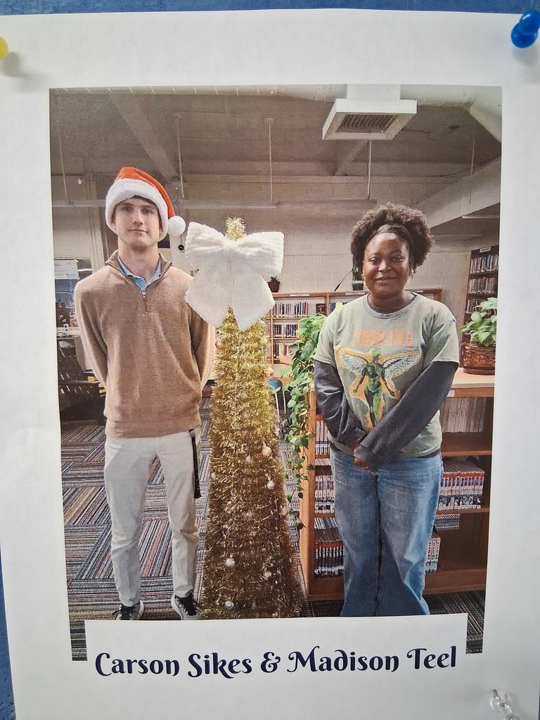 Carson Sikes, wearing a Santa hat, and Madison Teel stand, posed by a gold tree, with their names below their picture.