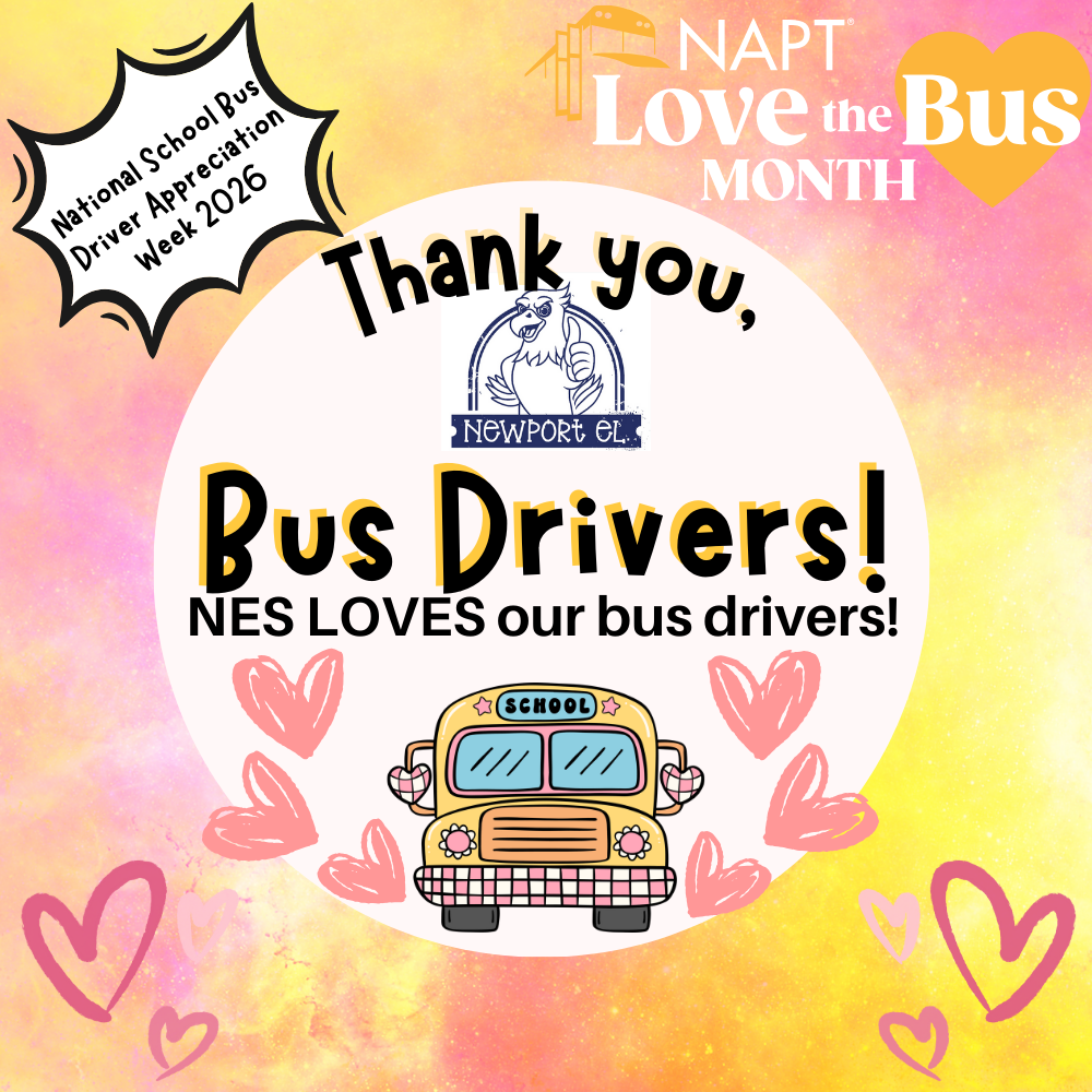 pink and yellow background with a bus and hearts on it that says, "Thank you, bus drivers! NES loves our bus drivers. National  School Bus Driver Appreciation Week 2026"