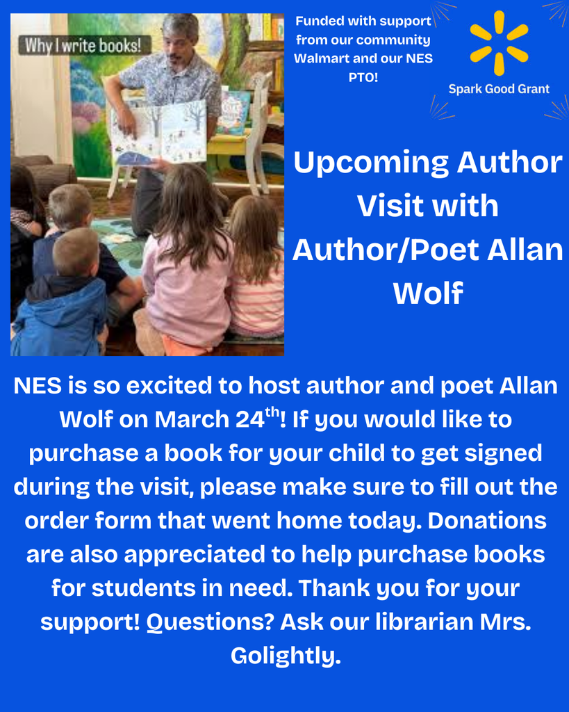 blue author visit info with pre-order information about getting copies of his books