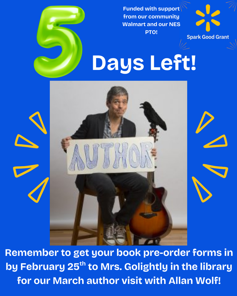 five days left to order Allan Wolf books for author visit on blue background with picture of author holding a guitar