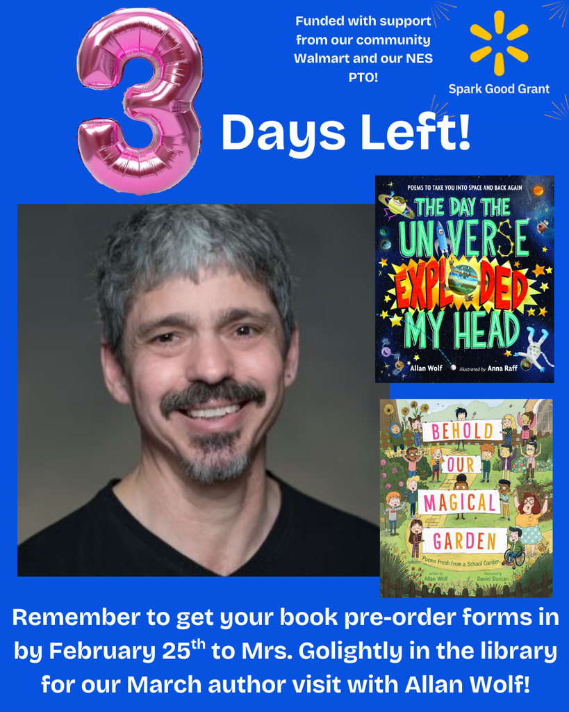 three days left reminder for author allan wolf visit and book pre-order showing two book covers and picture of author on blue background