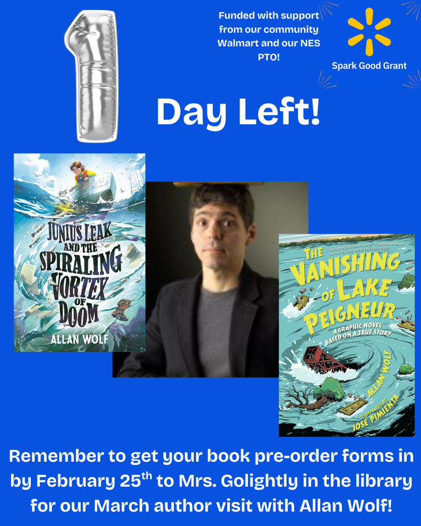 last day reminder for book pre-order for author visit in March featuring author picture and two copies of his books