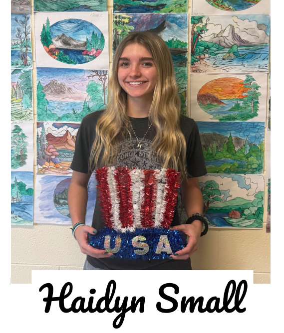 Haidyn Small has been chosen Social Studies Student of the Week in recognition of her outstanding efforts in American History. She completes every assignment and does her best work every day!! Haidyn is very conscientious and made sure to complete all "snow" assignments and make up work from her bout with the flu. Her outstanding average is evidence of her commitment to academic success!! 