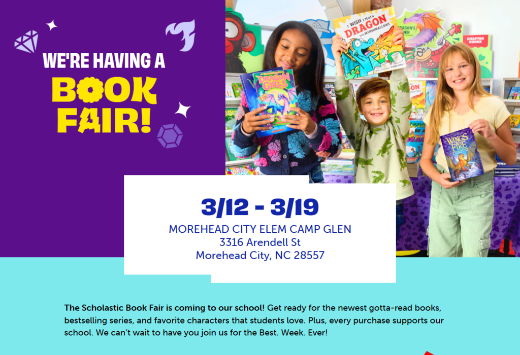 Infographic announcing the Scholastic Book Fair and the dates 3/12 - 3/19