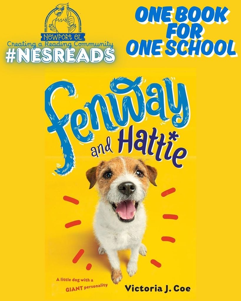 yellow background Fenway and Hattie book cover with jack russell terrier dog on cover that says #NESReads and One Book for One School in blue letters