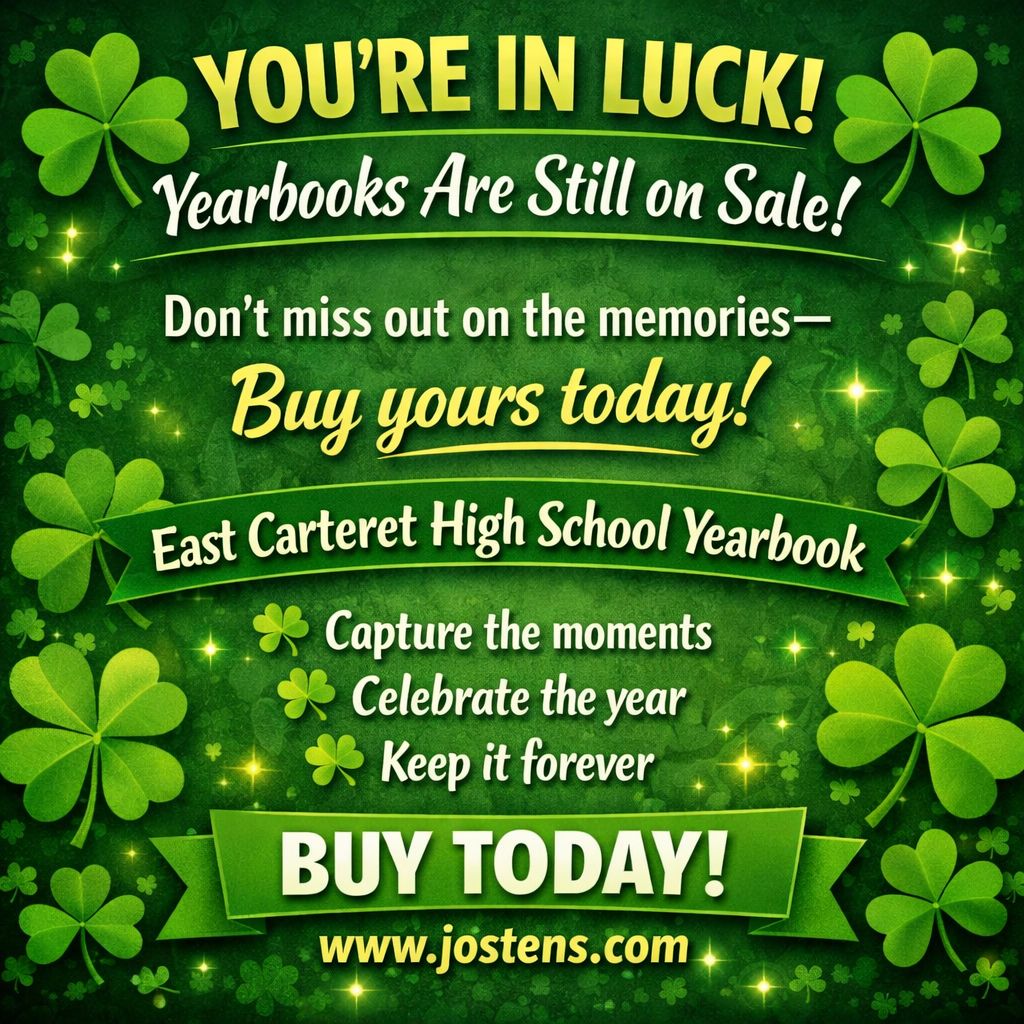 A green clover design advertising the ECHS yearbook. Yearbooks are on sale at www.jostens.com.