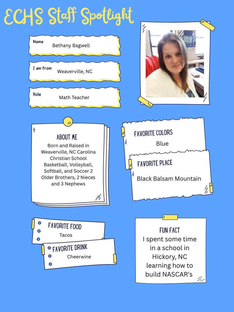 Ms. Bagwell is a math teacher. The image tells a bit about her. Her favorite color is blue and her favorite place is Black Balsam Mountain.
